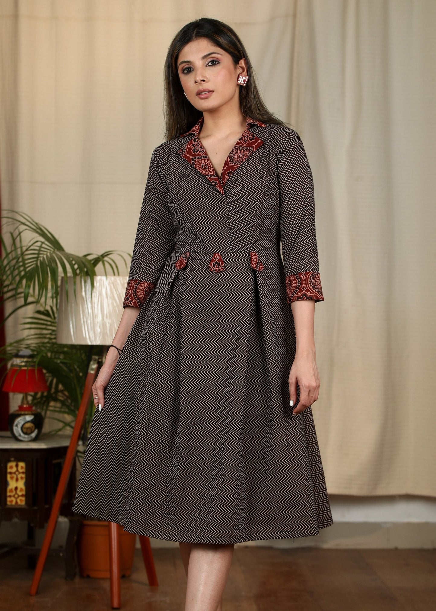 Black Ajrakh zig zag printed dress with contrast Ajrakh collar