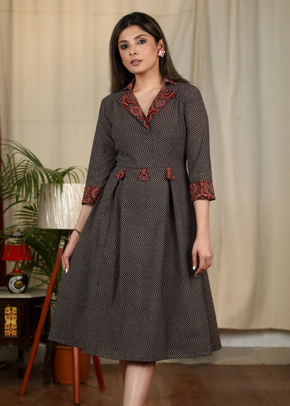 Black Ajrakh zig zag printed dress with contrast Ajrakh collar