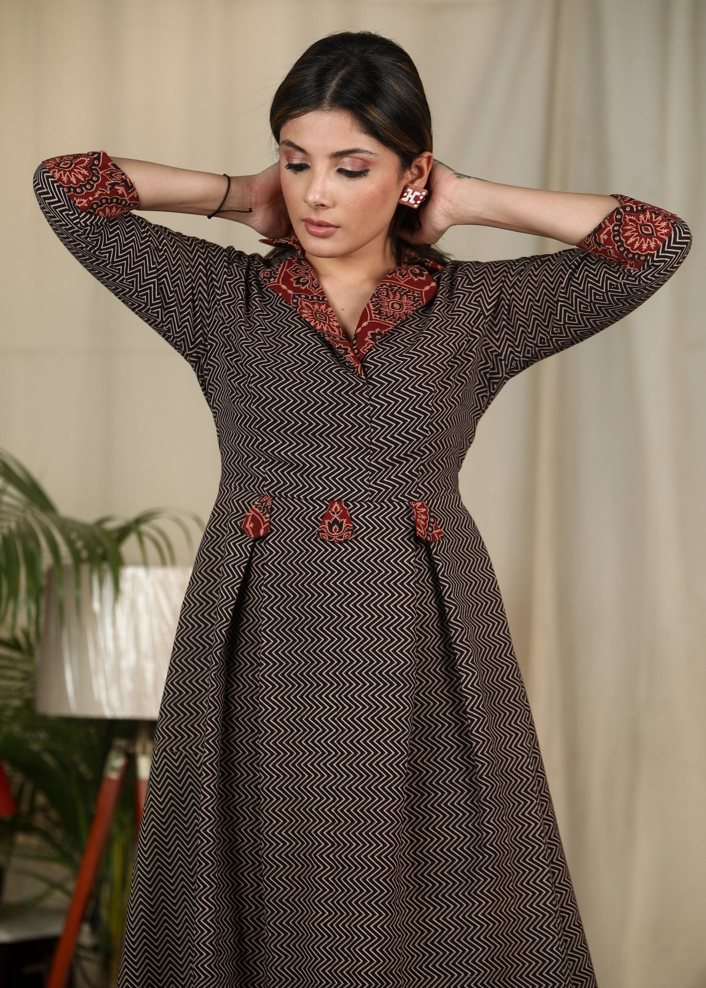 Black Ajrakh zig zag printed dress with contrast Ajrakh collar