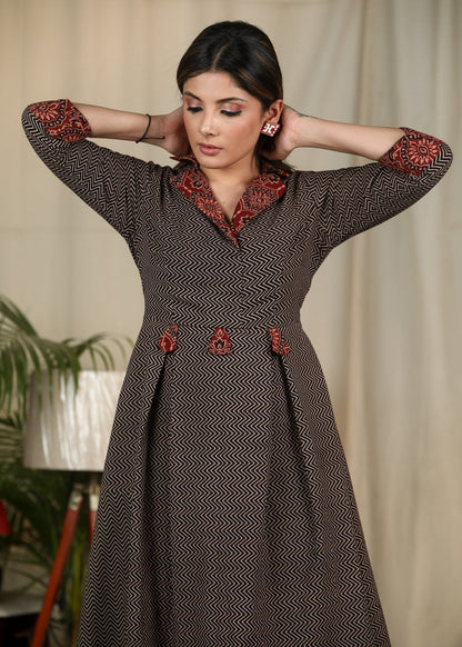Black Ajrakh zig zag printed dress with contrast Ajrakh collar