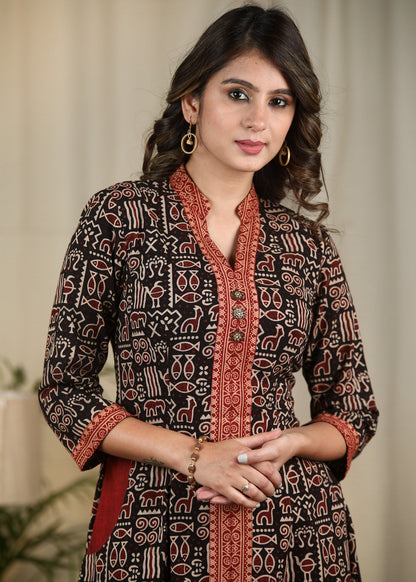 Exclusive Black Ajrakh animal print one piece cotton dress