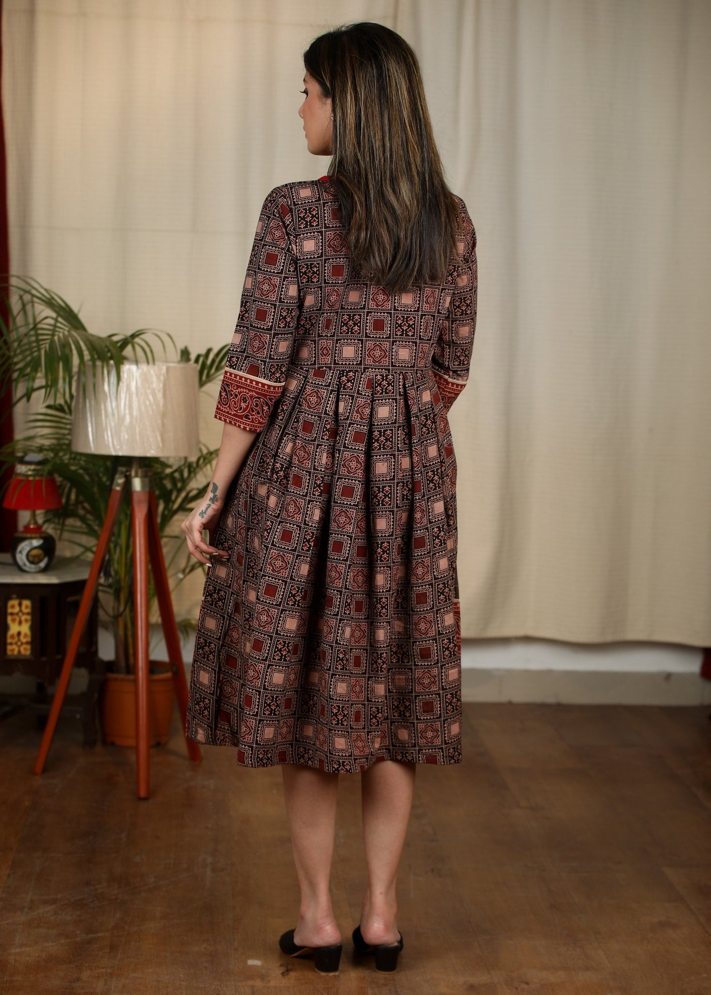 Exclusive Ajrakh printed black and maroon combination one piece cotton dress