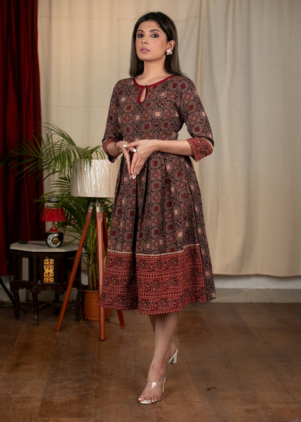 Exclusive Ajrakh printed black and maroon combination one piece cotton dress