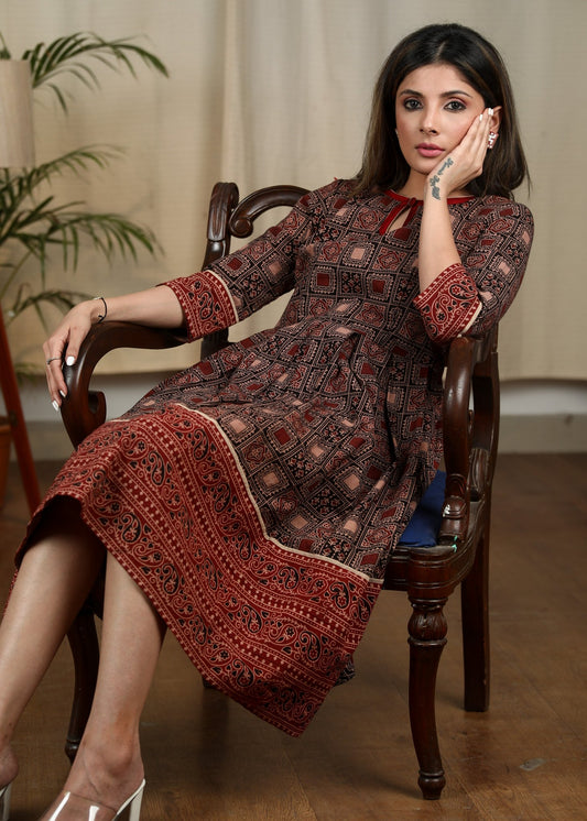 Exclusive Ajrakh printed black and maroon combination one piece cotton dress