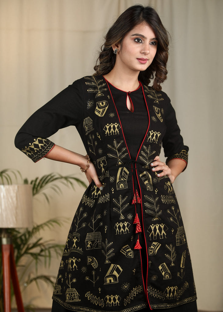 Exclusive warli hand painted layered jacket one piece cotton dress