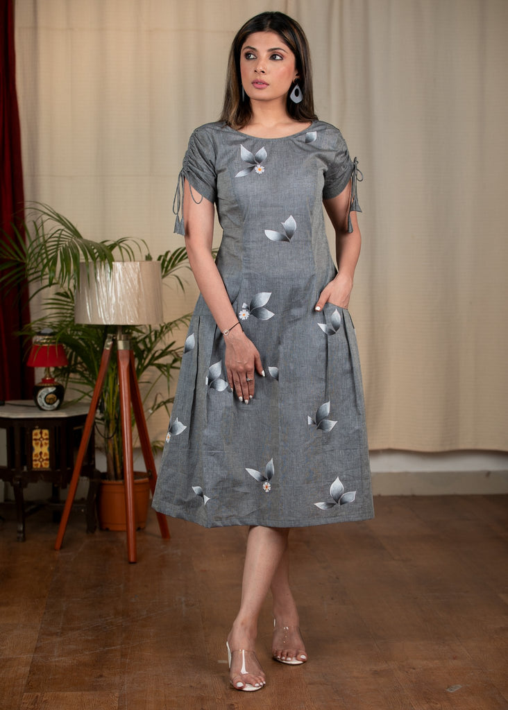 Grey handloom cotton floral hand painted exclusive one piece dress
