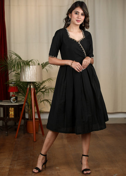Black cotton silk dress with hand embroidery