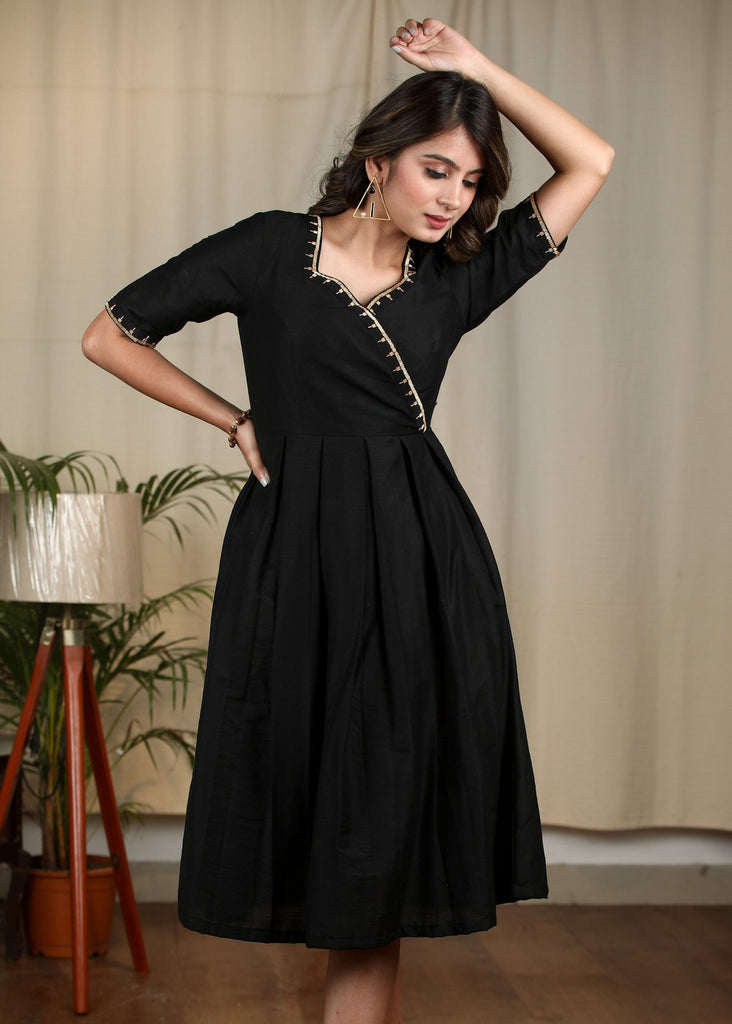Black cotton silk dress with hand embroidery