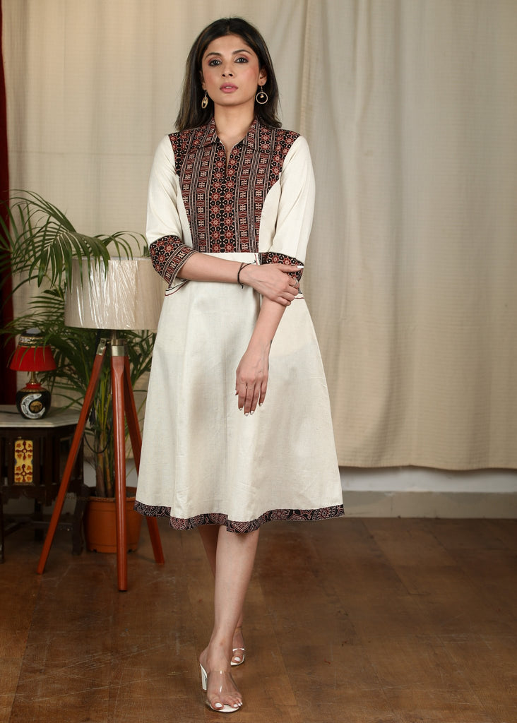 White cotton dress with Ajrakh combination