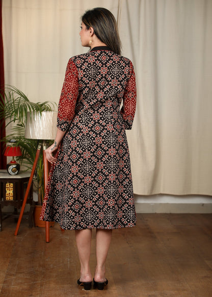 Black & maroon combination one piece Ajrakh cotton dress