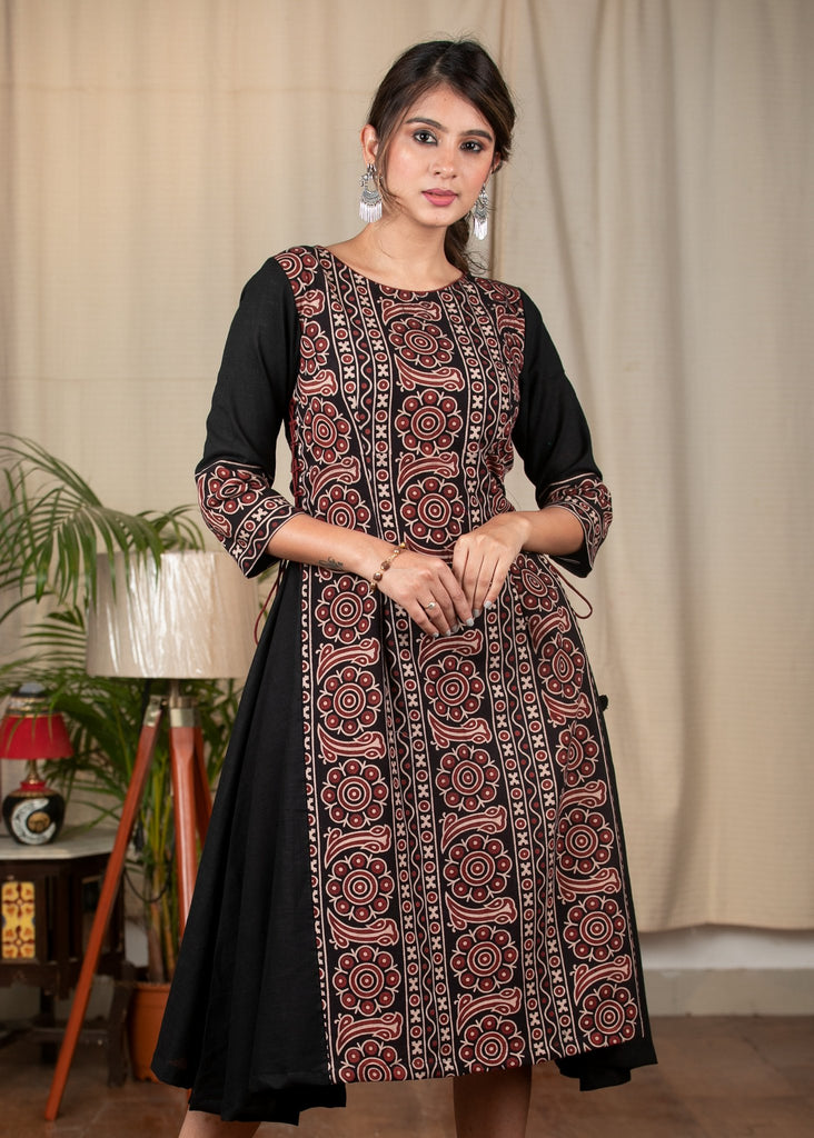 Black cotton dress with Ajrakh panel in front