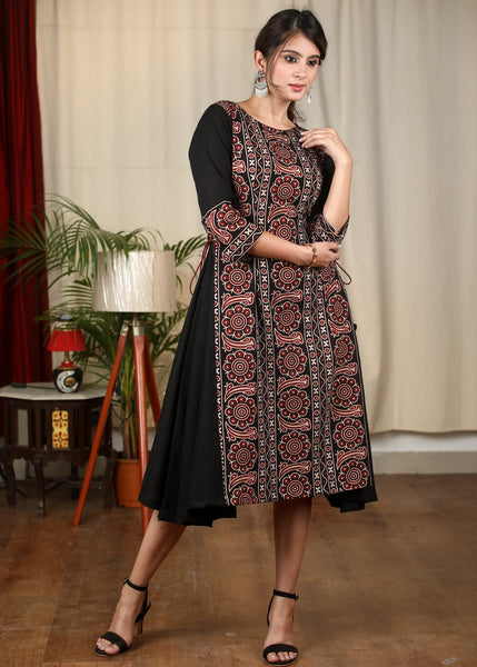 Black cotton dress with Ajrakh panel in front