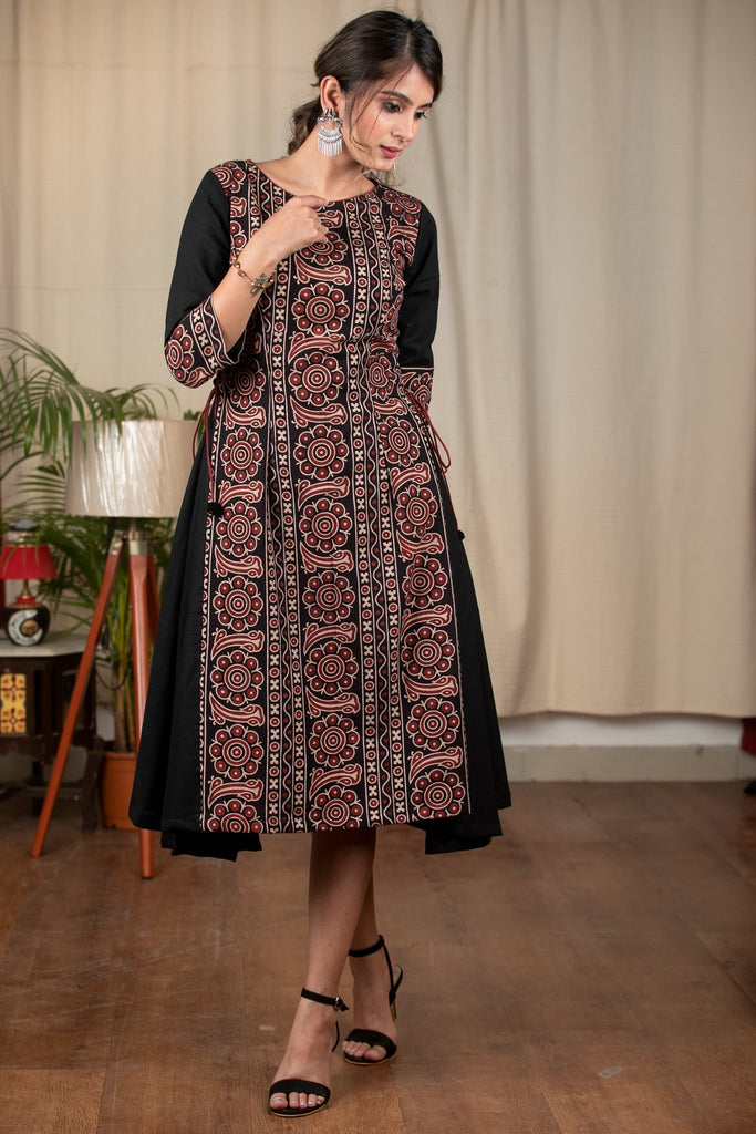 Black cotton dress with Ajrakh panel in front