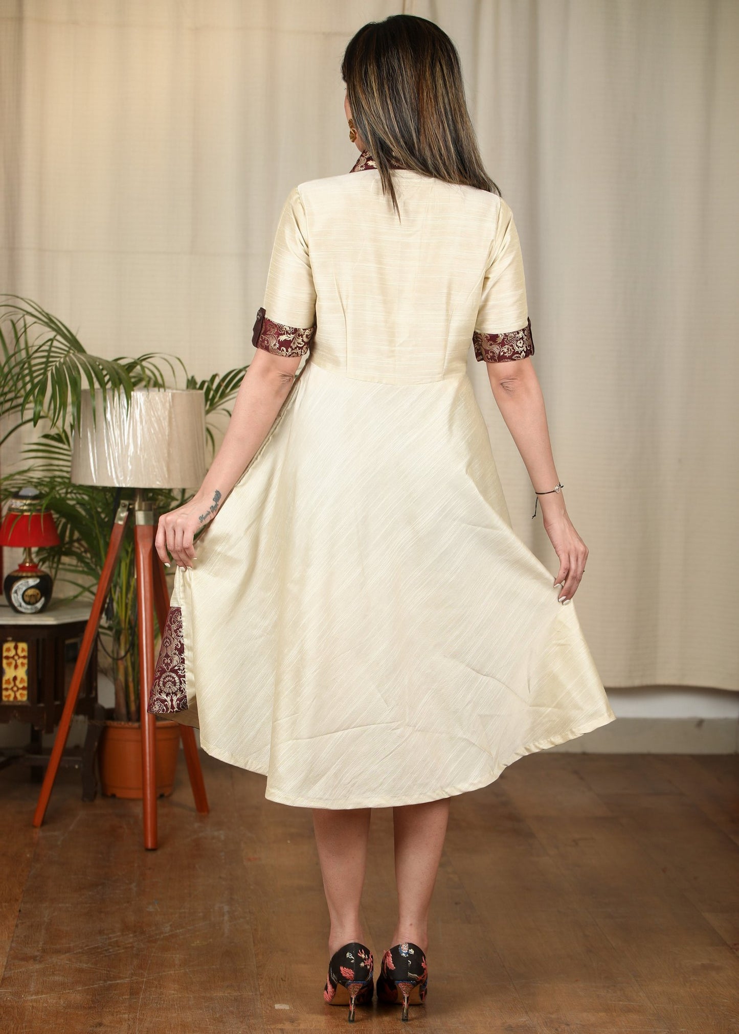 Cream cotton silk one piece dress with banarasi combination