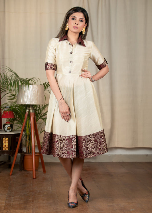 Cream cotton silk one piece dress with banarasi combination