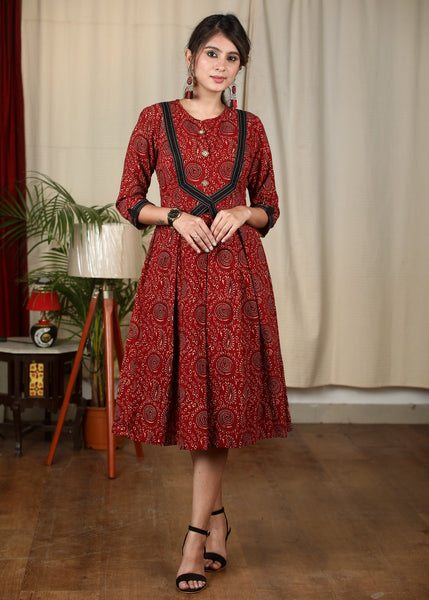 Exclusive maroon Ajrakh pleated one piece cotton dress