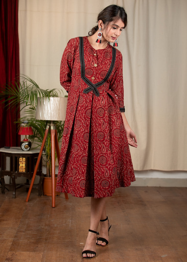 Exclusive maroon Ajrakh pleated one piece cotton dress