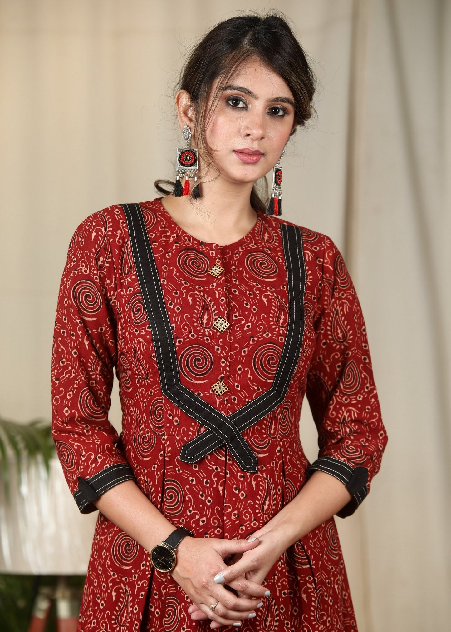Exclusive maroon Ajrakh pleated one piece cotton dress
