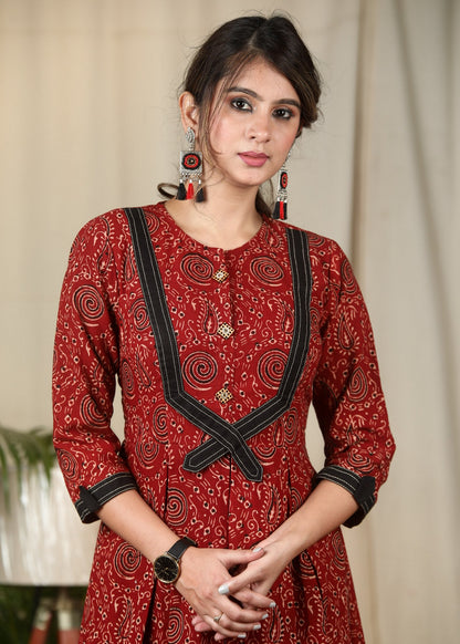 Exclusive maroon Ajrakh pleated one piece cotton dress
