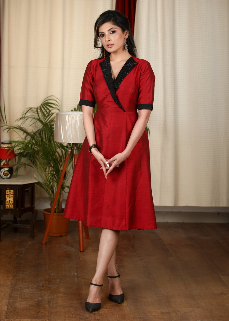 Exclusive maroon cotton silk dress with embellished collar
