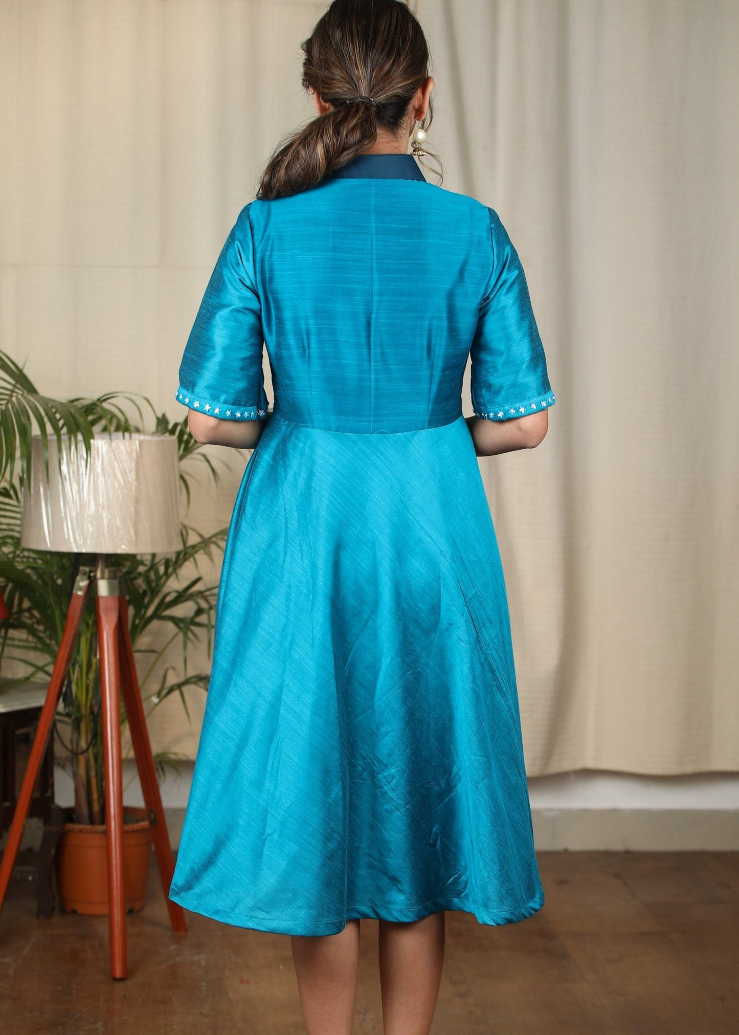 Blue cotton silk dress with stone embellishments