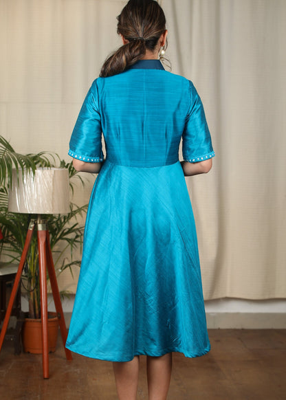 Blue cotton silk dress with stone embellishments