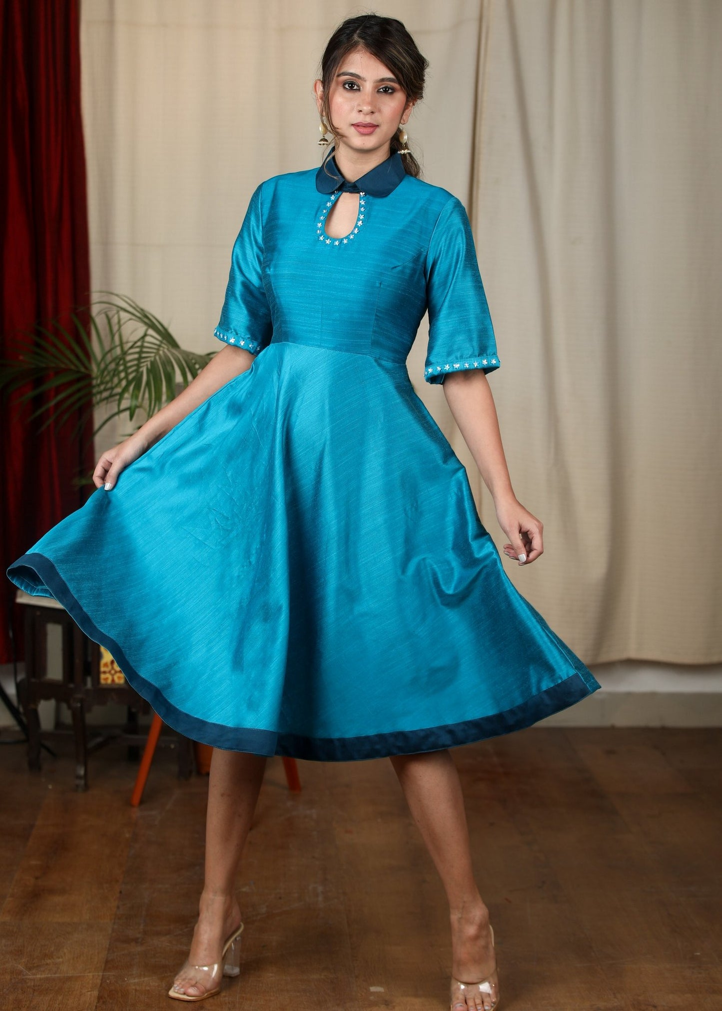 Blue cotton silk dress with stone embellishments