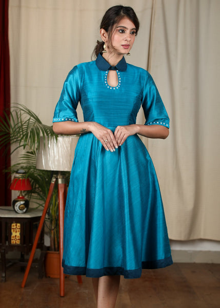Blue cotton silk dress with stone embellishments