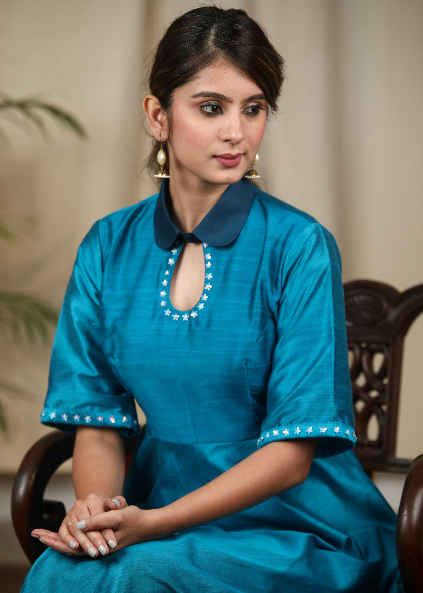 Blue cotton silk dress with stone embellishments – Sujatra