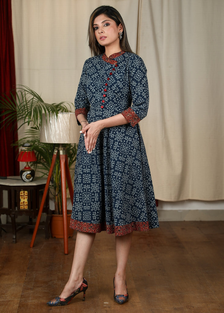 Exclusive Indigo printed cotton dress with Ajrakh details