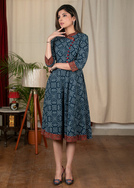 Exclusive Indigo printed cotton dress with Ajrakh details