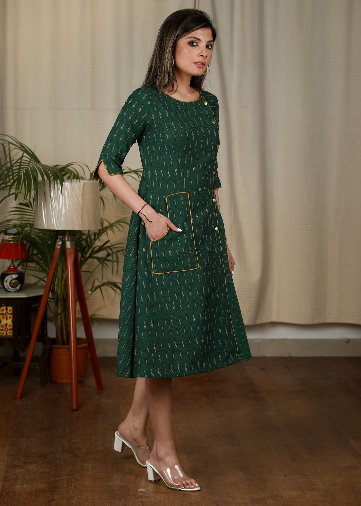 Exclusive Green ikat one piece cotton dress
