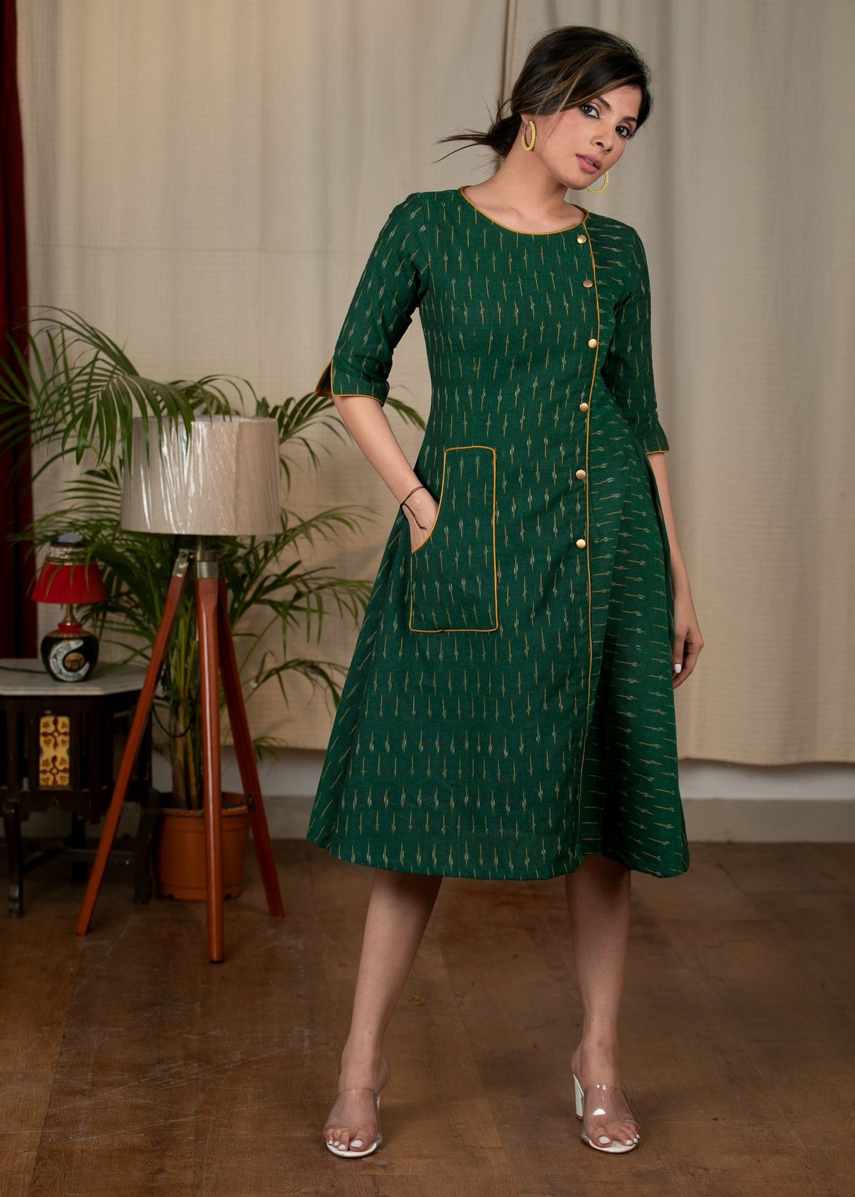 Dussehra Sale — Exclusive Green ikat one piece cotton dress
