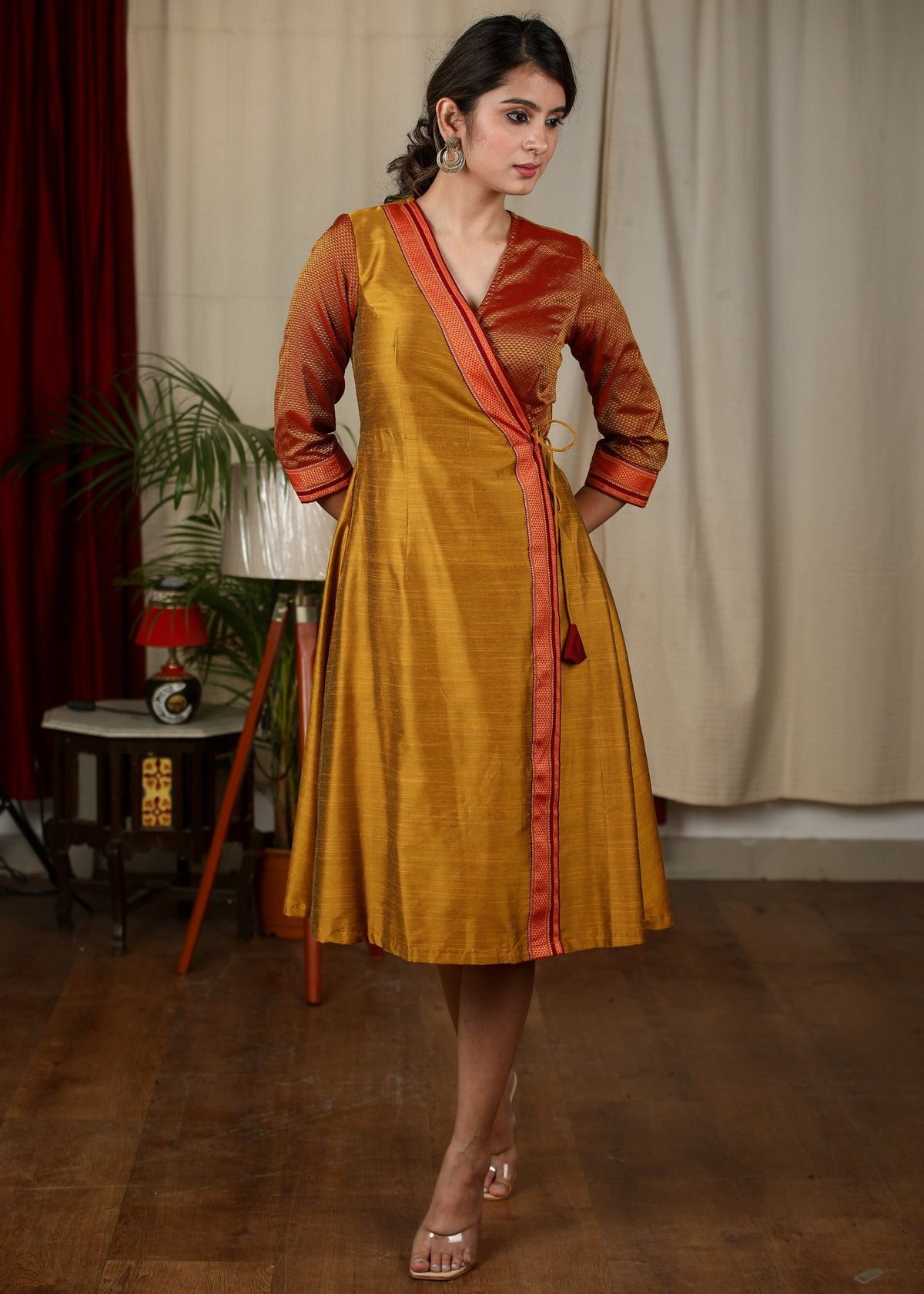 Dussehra Sale — Dark mustard & khun combination exclusive cotton silk dress