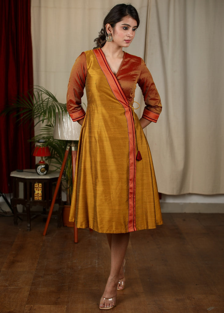 Dark mustard & khun combination exclusive cotton silk dress