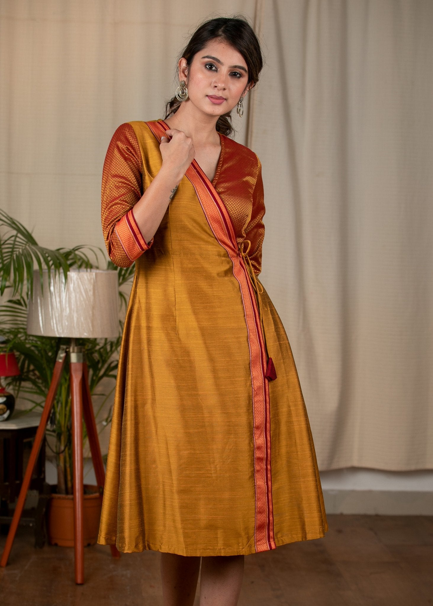 Dark mustard & khun combination exclusive cotton silk dress  Sujatra