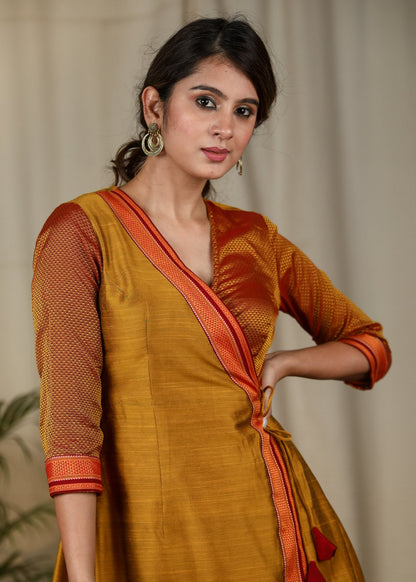 Dark mustard & khun combination exclusive cotton silk dress