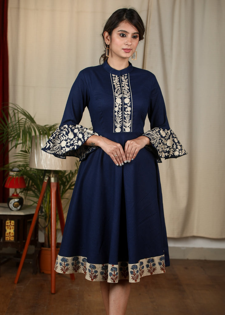 Exclusive navy blue dress with parsi embroidery