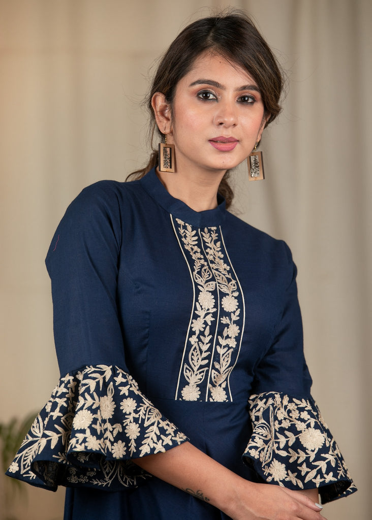 Exclusive navy blue dress with parsi embroidery