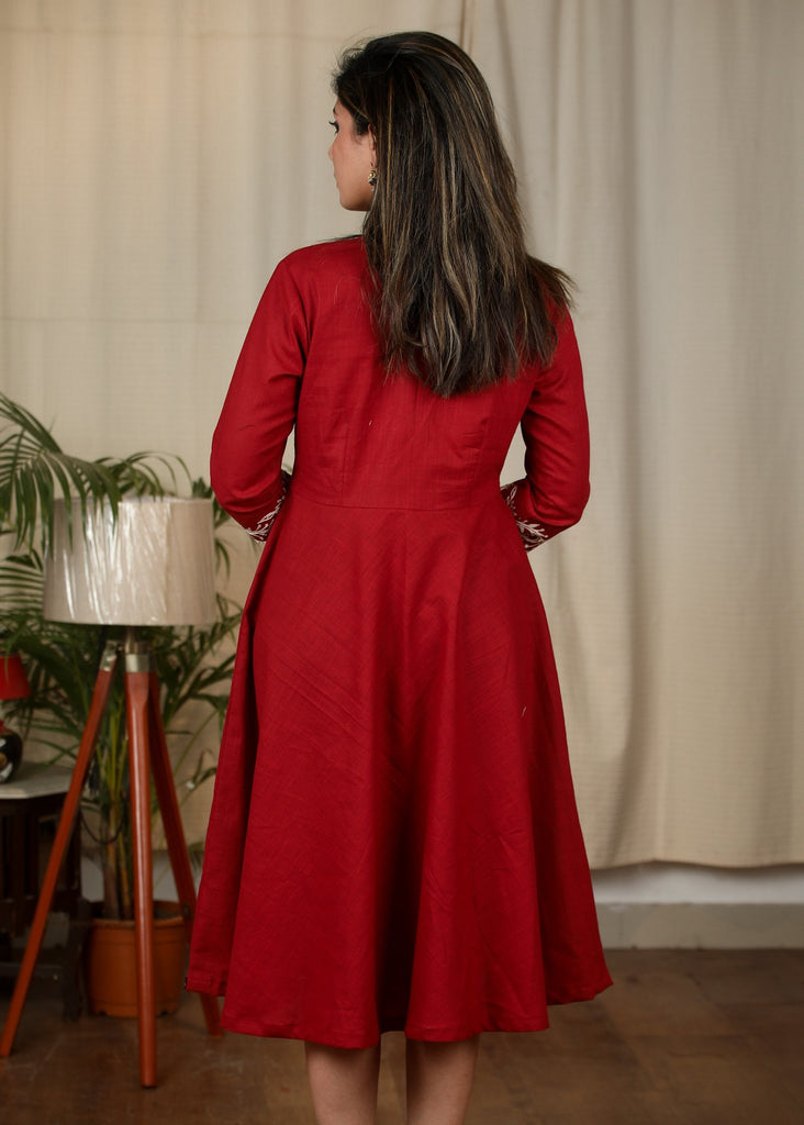 Maroon cotton dress with exclusive embroidered yoke & Ajrakh detailing