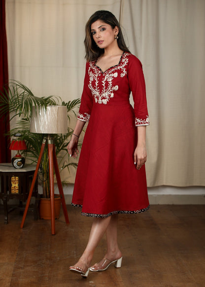 Maroon cotton dress with exclusive embroidered yoke & Ajrakh detailing
