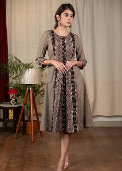 Beige handloom cotton dress with Ajrakh panel