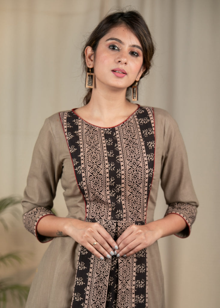 Beige handloom cotton dress with Ajrakh panel