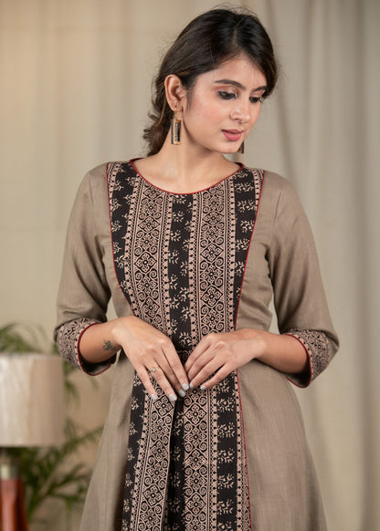 Beige handloom cotton dress with Ajrakh panel