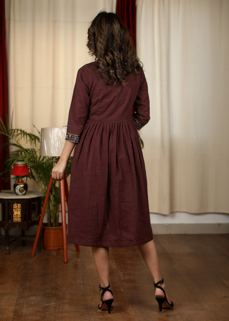 Exclusive brown cotton dress with Ajrakh detailing