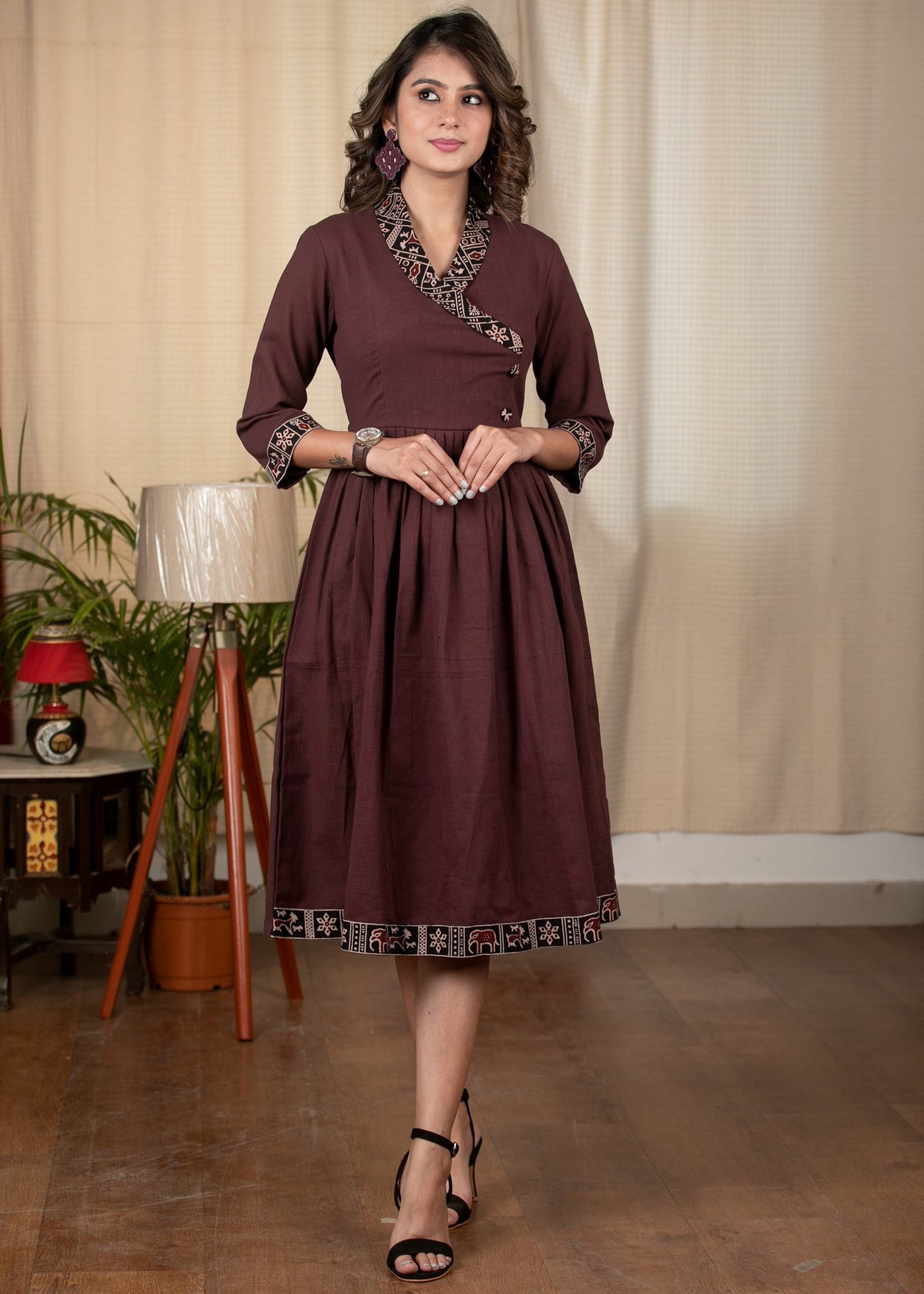 Dussehra Sale — Exclusive brown cotton dress with Ajrakh detailing