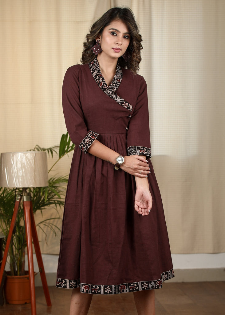 Exclusive brown cotton dress with Ajrakh detailing