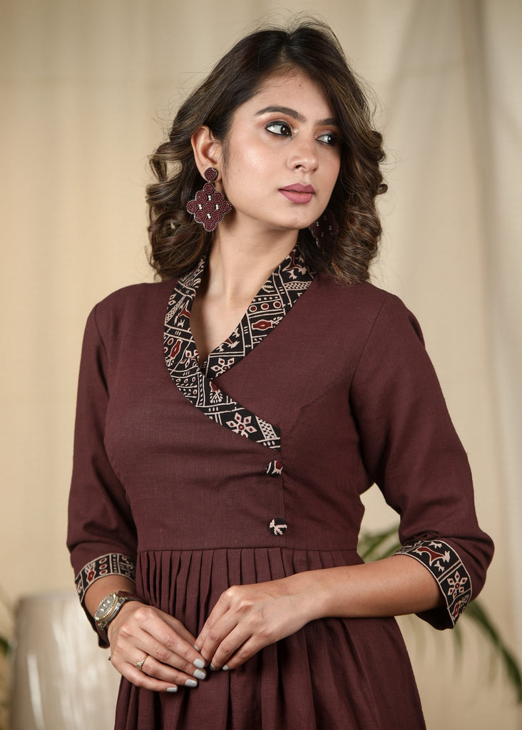 Exclusive brown cotton dress with Ajrakh detailing