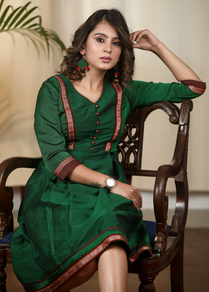 Forest green cotton silk dress with Khun combination