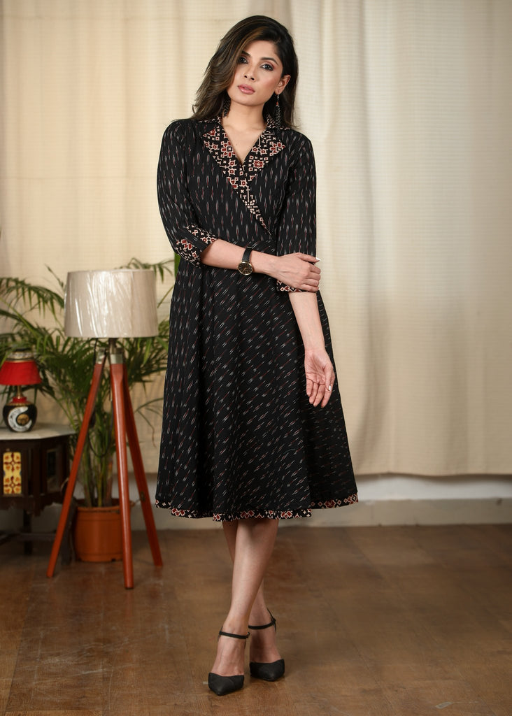 Exclusive black ikat one piece cotton dress with Ajrakh details